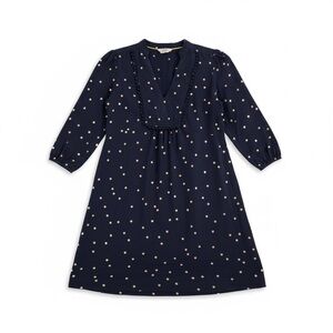 Boden 100% Linen Navy and Gold Blue Midi Dress with Polka Dots Pom Pom Detail